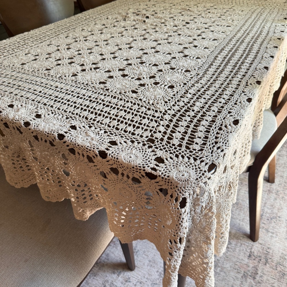 Vintage Handmade Crochet Lace Tablecloth 63x87 Cream Cotton Rectangle Boho Decor